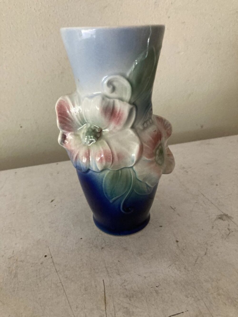 Vintage Royal Copley Floral Pink and Cobalt Blue Pottery Vase